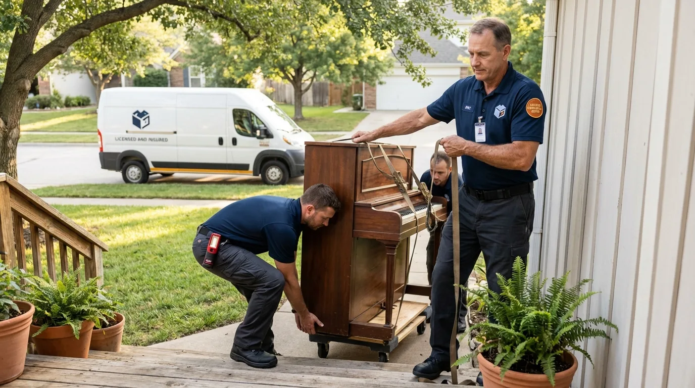 Licensed piano movers securing grand piano in Tewksbury, MA