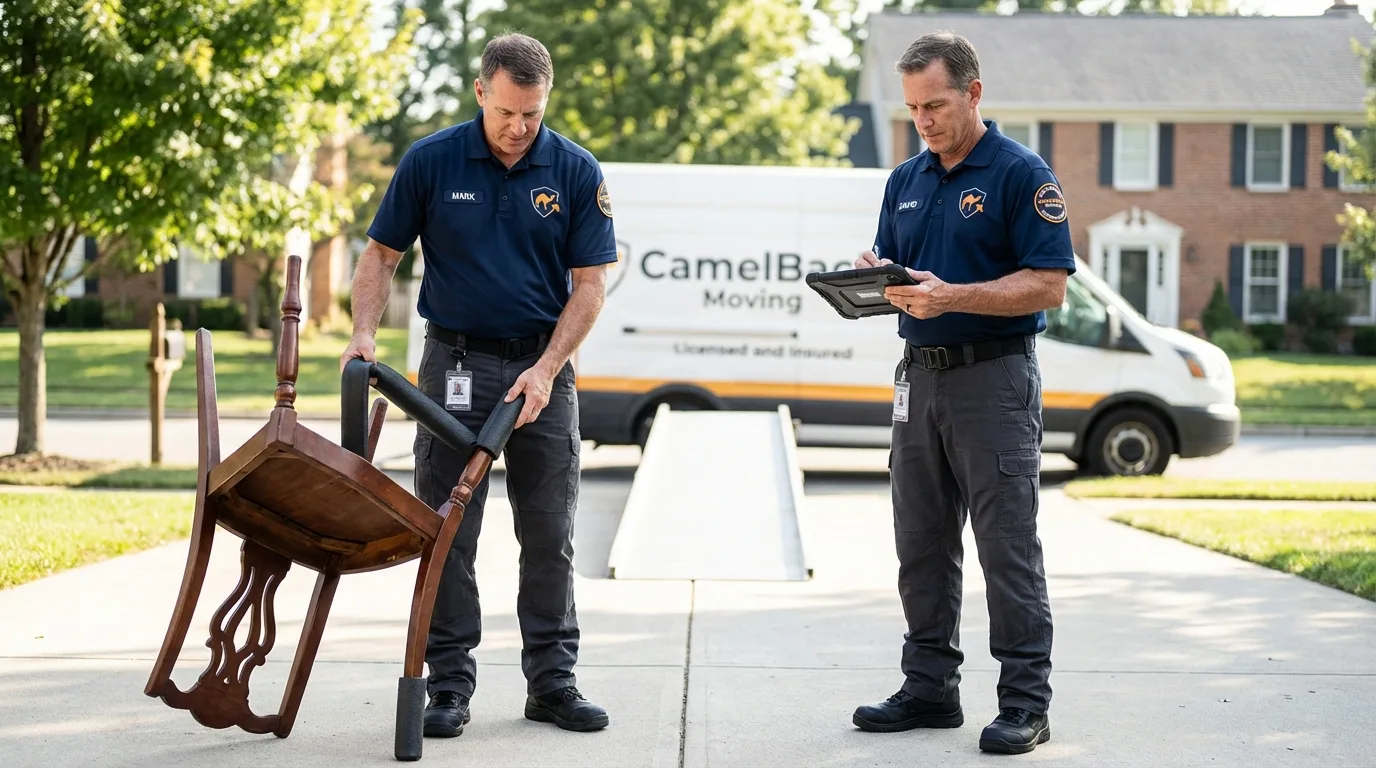 Movers inspecting furniture for damage prevention before loading in Tewksbury, MA