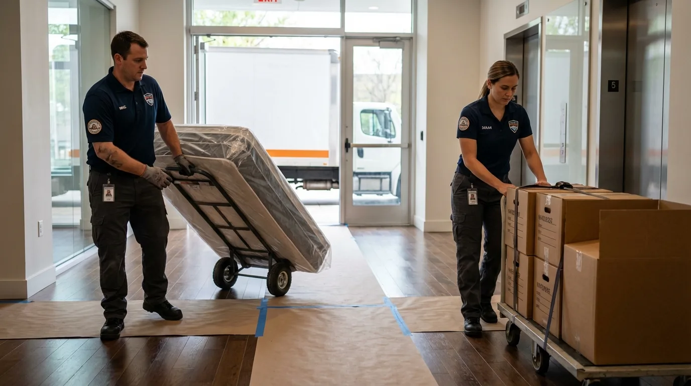 Professional apartment movers loading elevator in Tewksbury, MA