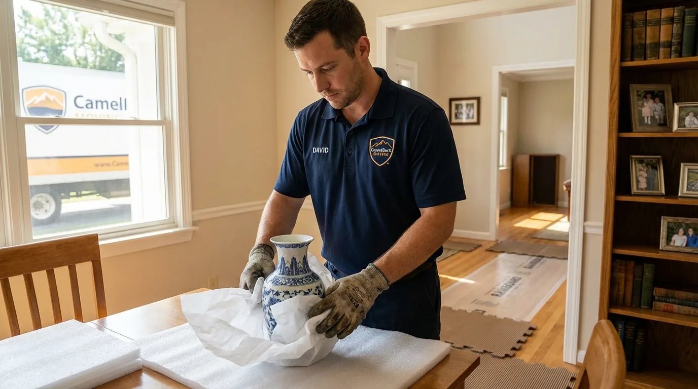 Professional crew carefully wrapping antique vase for senior downsizing move in Tewksbury, MA
