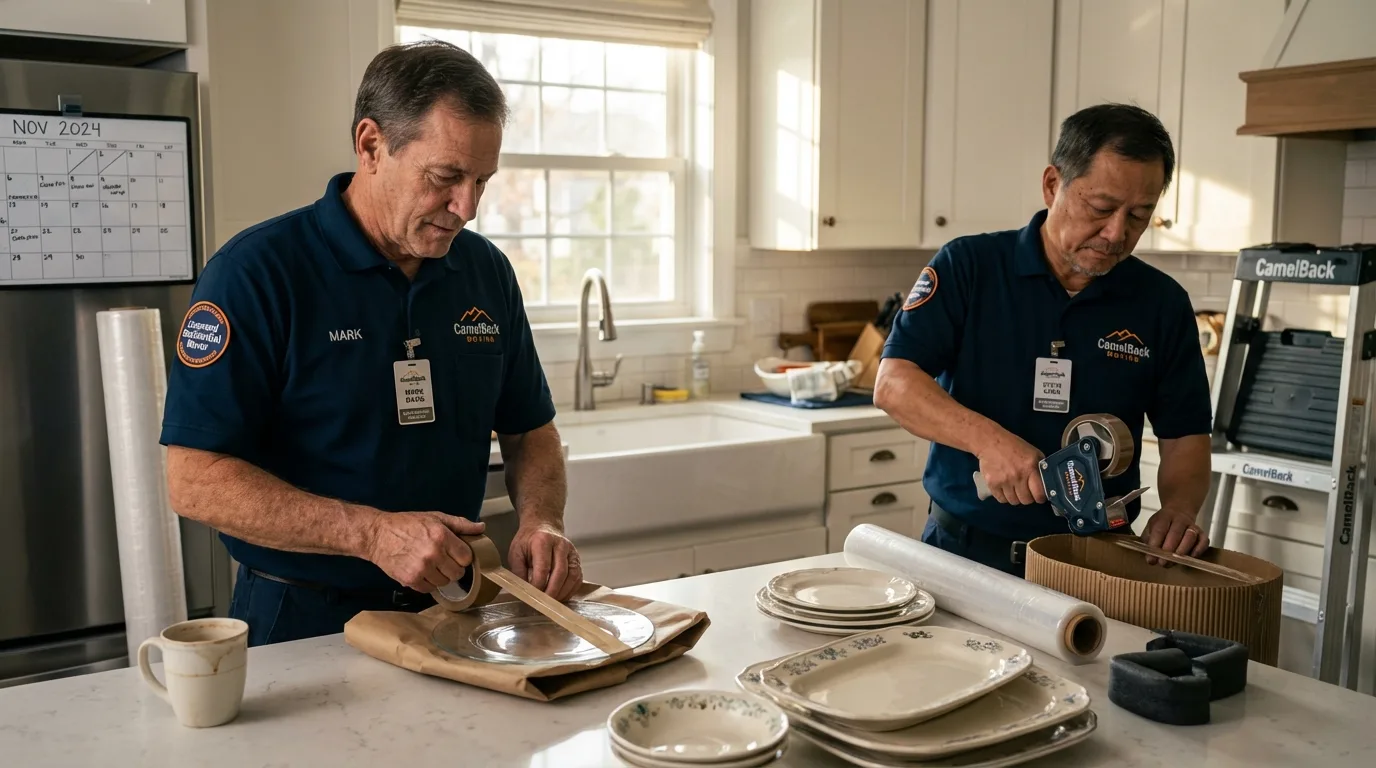 Professional crew packing kitchen dishware in Tewksbury, MA